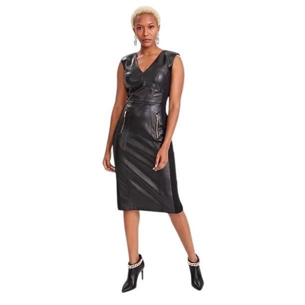 INC INTERNATIONAL CONCEPTS Women's V-Neck Faux-Leather Midi Dress, Black, Size 8